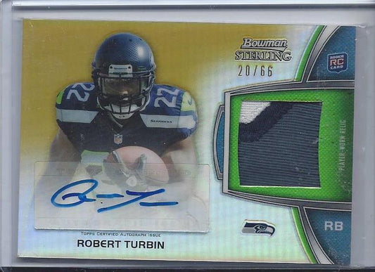ROBERT TURBIN 2012 BOWMAN STERLING GOLD REFRACTOR 3 COLOR PATCH AUTO RC #D 20/66