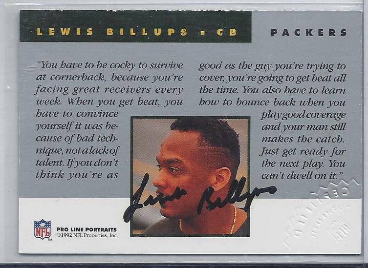 LEWIS BILLUPS 1992 PRO LINE PORTRAITS PACKERS ON CARD AUTO w/ CRIMP SUPER RARE!