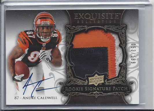 ANDRE CALDWELL 2008 UD EXQUISITE RPA 3 COLOR PATCH ON CARD AUTO RC #D 53/199