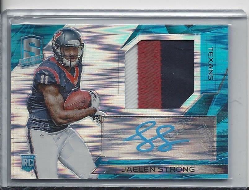 JAELEN STRONG 2015 PANINI SPECTRA NEON BLUE PRIZM 3 COLOR PATCH AUTO RC #D /50
